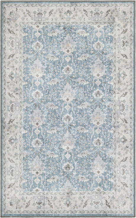 Washable Teal blue 3' 6 x 5' 6 Timeless Rectangle Area Rug Easy to Clean Stain Resistant & Durable Traditional Classic Vintage Design Carpet for Sale at Rug Engine