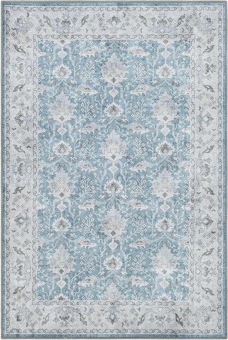 Washable Teal blue 4' 1 x 6' 1 Timeless Rectangle Area Rug Easy to Clean Stain Resistant & Durable Traditional Classic Vintage Design Carpet for Sale at Rug Engine