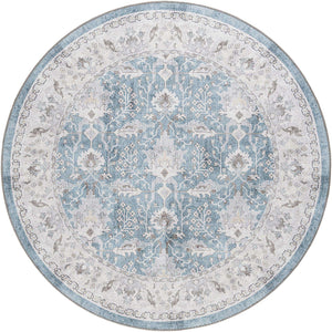 Washable Teal blue 5' 1 x 5' 1 Timeless Round Area Rug Easy to Clean Stain Resistant & Durable Traditional Classic Vintage Design Carpet for Sale at Rug Engine