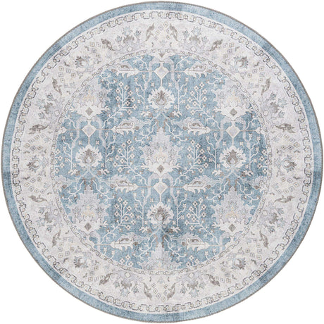 Washable Teal blue 5' 1 x 5' 1 Timeless Round Area Rug Easy to Clean Stain Resistant & Durable Traditional Classic Vintage Design Carpet for Sale at Rug Engine
