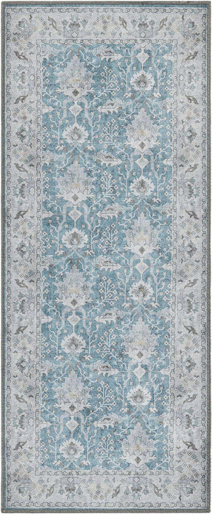 Washable Teal blue 2' x 5' 1 Timeless Runner Area Rug Easy to Clean Stain Resistant & Durable Traditional Classic Vintage Design Carpet for Sale at Rug Engine