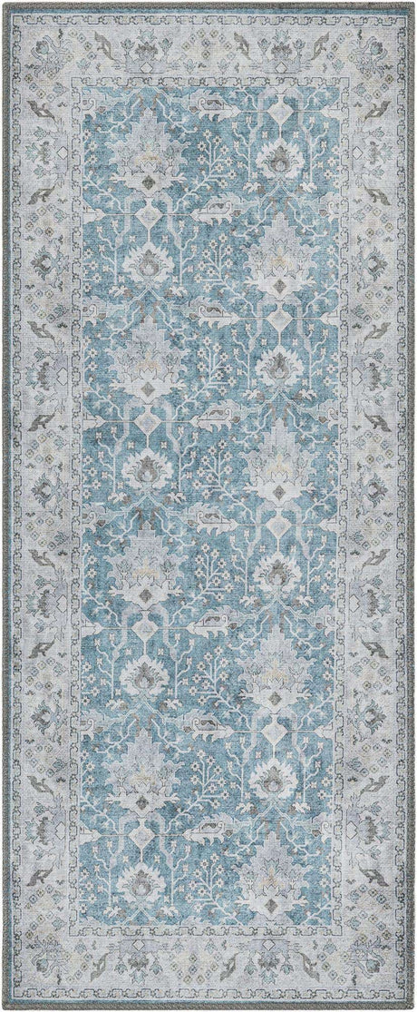 Washable Teal blue 2' x 5' 1 Timeless Runner Area Rug Easy to Clean Stain Resistant & Durable Traditional Classic Vintage Design Carpet for Sale at Rug Engine