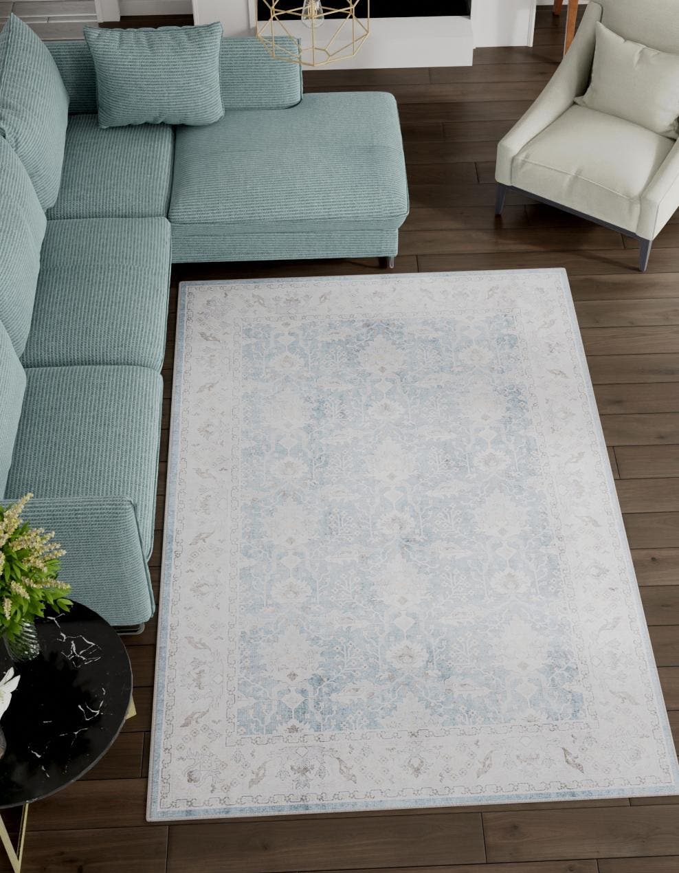 Washable Teal blue 4' 1 x 6' 1 Timeless Rectangle Area Rug Easy to Clean Stain Resistant & Durable Traditional Classic Vintage Design Carpet for Sale at Rug Engine