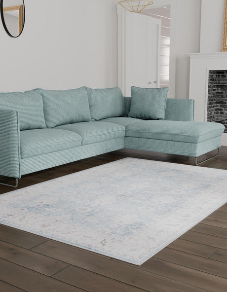 Washable Teal blue 4' 1 x 6' 1 Timeless Rectangle Area Rug Easy to Clean Stain Resistant & Durable Traditional Classic Vintage Design Carpet for Sale at Rug Engine