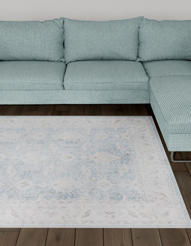 Washable Teal blue 4' 1 x 6' 1 Timeless Rectangle Area Rug Easy to Clean Stain Resistant & Durable Traditional Classic Vintage Design Carpet for Sale at Rug Engine
