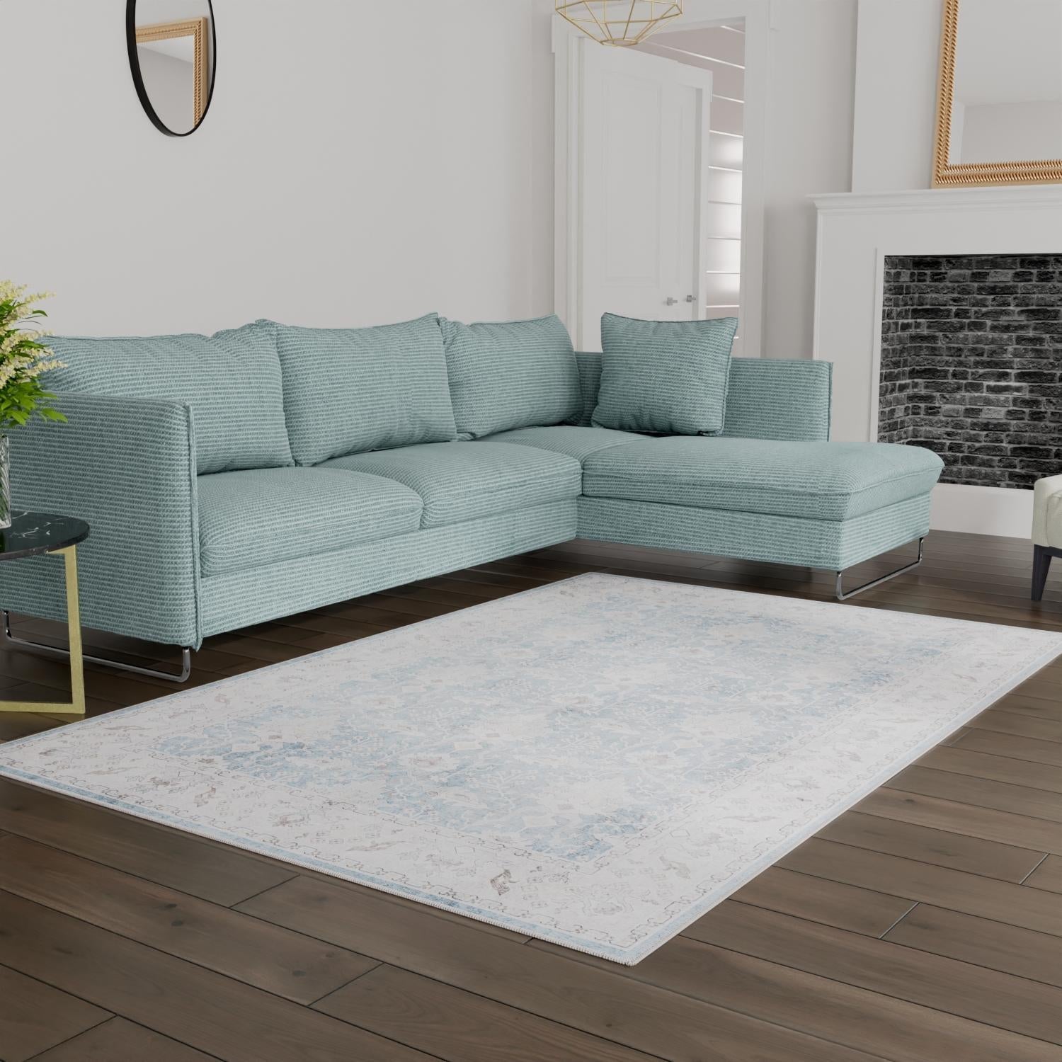 Washable Teal blue 8' 4 x 12' Timeless Rectangle Area Rug Easy to Clean Stain Resistant & Durable Traditional Classic Vintage Design Carpet for Sale at Rug Engine