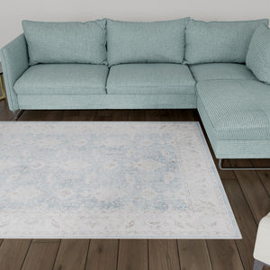 Washable Teal blue 8' 4 x 12' Timeless Rectangle Area Rug Easy to Clean Stain Resistant & Durable Traditional Classic Vintage Design Carpet for Sale at Rug Engine