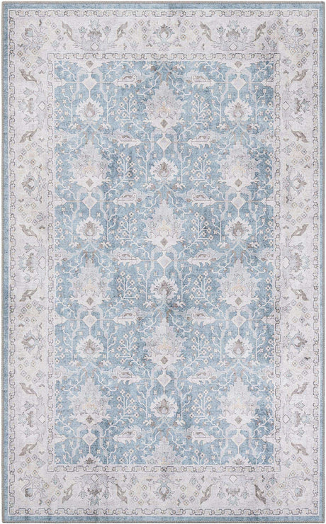 Washable Teal blue 5' 1 x 8' Timeless Rectangle Area Rug Easy to Clean Stain Resistant & Durable Traditional Classic Vintage Design Carpet for Sale at Rug Engine