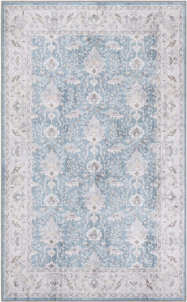 Washable Teal blue 5' 1 x 8' Timeless Rectangle Area Rug Easy to Clean Stain Resistant & Durable Traditional Classic Vintage Design Carpet for Sale at Rug Engine