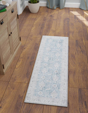 Washable Teal blue 2' 7 x 10' Timeless Runner Area Rug Easy to Clean Stain Resistant & Durable Traditional Classic Vintage Design Carpet for Sale at Rug Engine