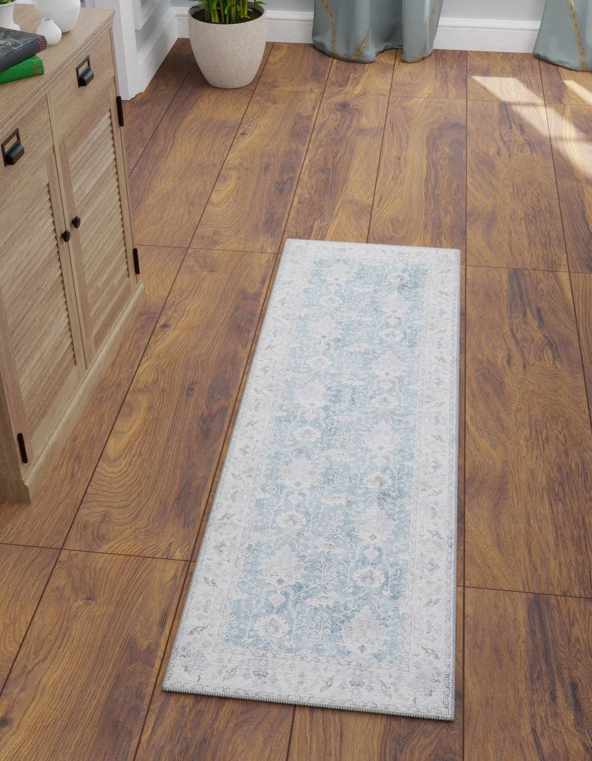 Washable Teal blue 2' x 8' Timeless Runner Area Rug Easy to Clean Stain Resistant & Durable Traditional Classic Vintage Design Carpet for Sale at Rug Engine