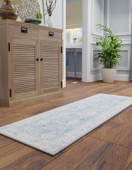 Washable Teal blue 2' x 5' 1 Timeless Runner Area Rug Easy to Clean Stain Resistant & Durable Traditional Classic Vintage Design Carpet for Sale at Rug Engine