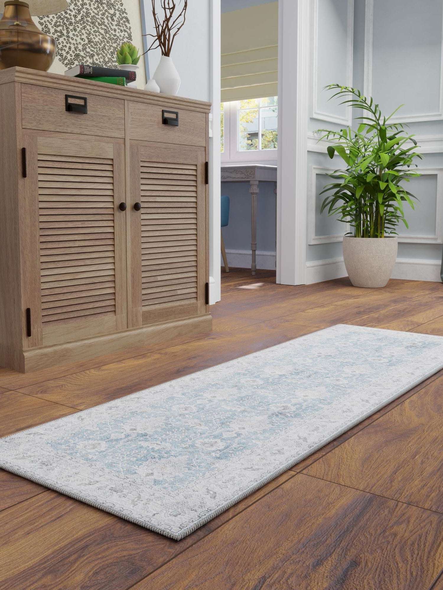 Washable Teal blue 2' x 8' Timeless Runner Area Rug Easy to Clean Stain Resistant & Durable Traditional Classic Vintage Design Carpet for Sale at Rug Engine