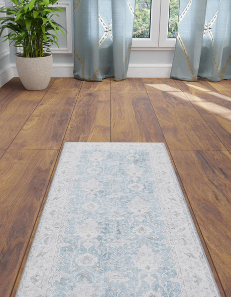 Washable Teal blue 2' x 6' 1 Timeless Runner Area Rug Easy to Clean Stain Resistant & Durable Traditional Classic Vintage Design Carpet for Sale at Rug Engine
