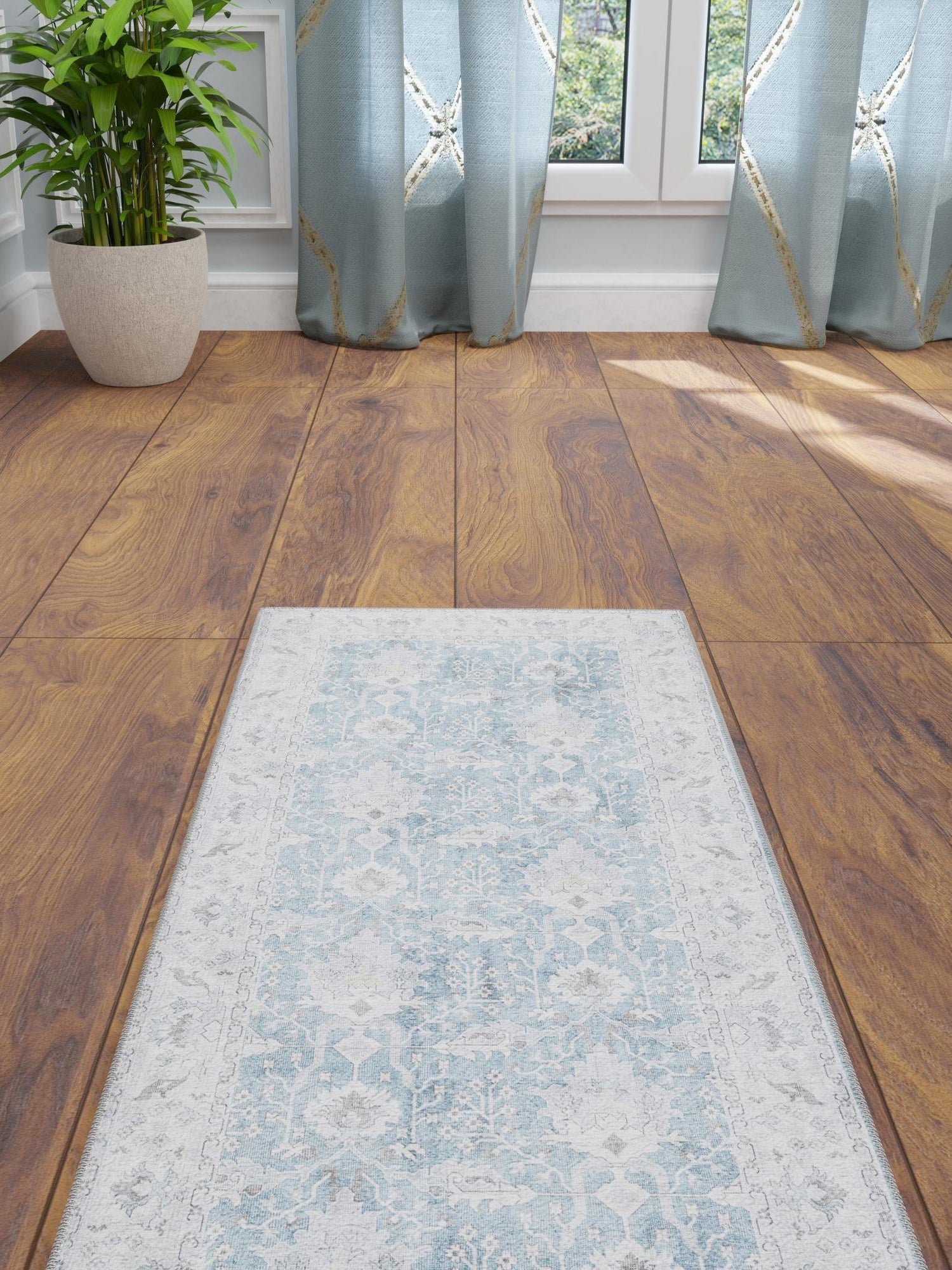 Washable Teal blue 2' x 8' Timeless Runner Area Rug Easy to Clean Stain Resistant & Durable Traditional Classic Vintage Design Carpet for Sale at Rug Engine