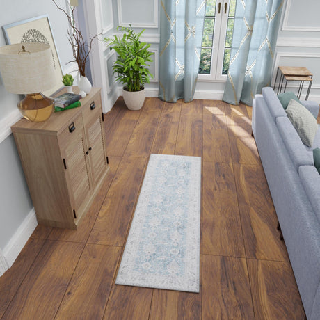 Washable Teal blue 2' x 6' 1 Timeless Runner Area Rug Easy to Clean Stain Resistant & Durable Traditional Classic Vintage Design Carpet for Sale at Rug Engine