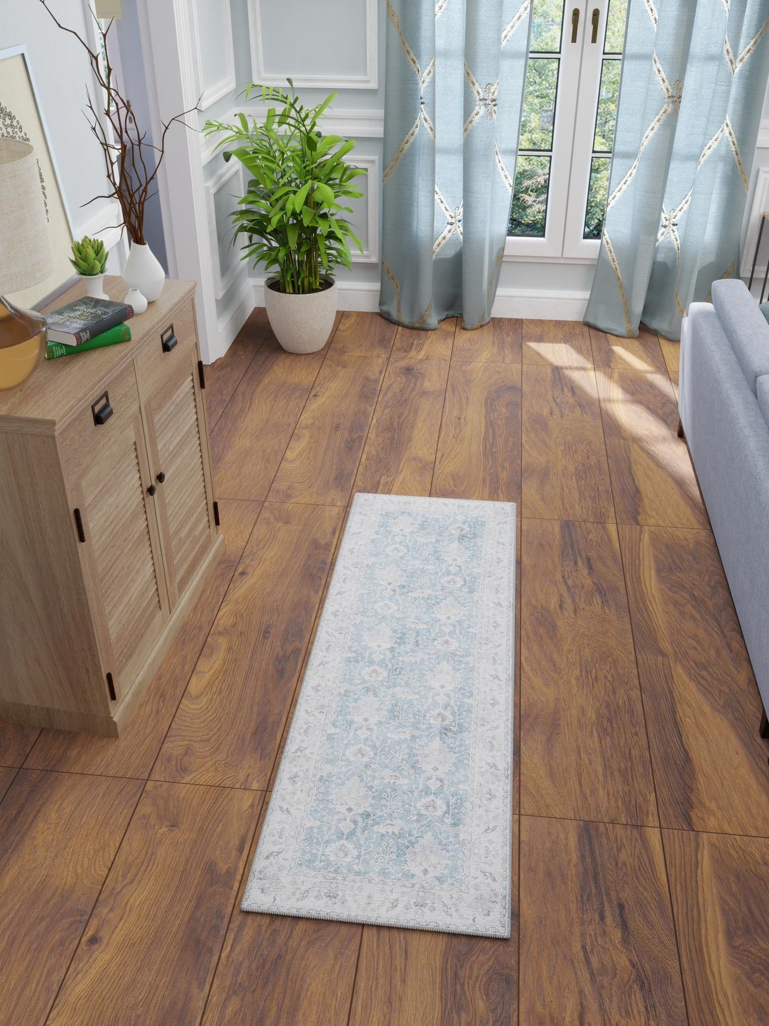Washable Teal blue 2' 7 x 12' Timeless Runner Area Rug Easy to Clean Stain Resistant & Durable Traditional Classic Vintage Design Carpet for Sale at Rug Engine