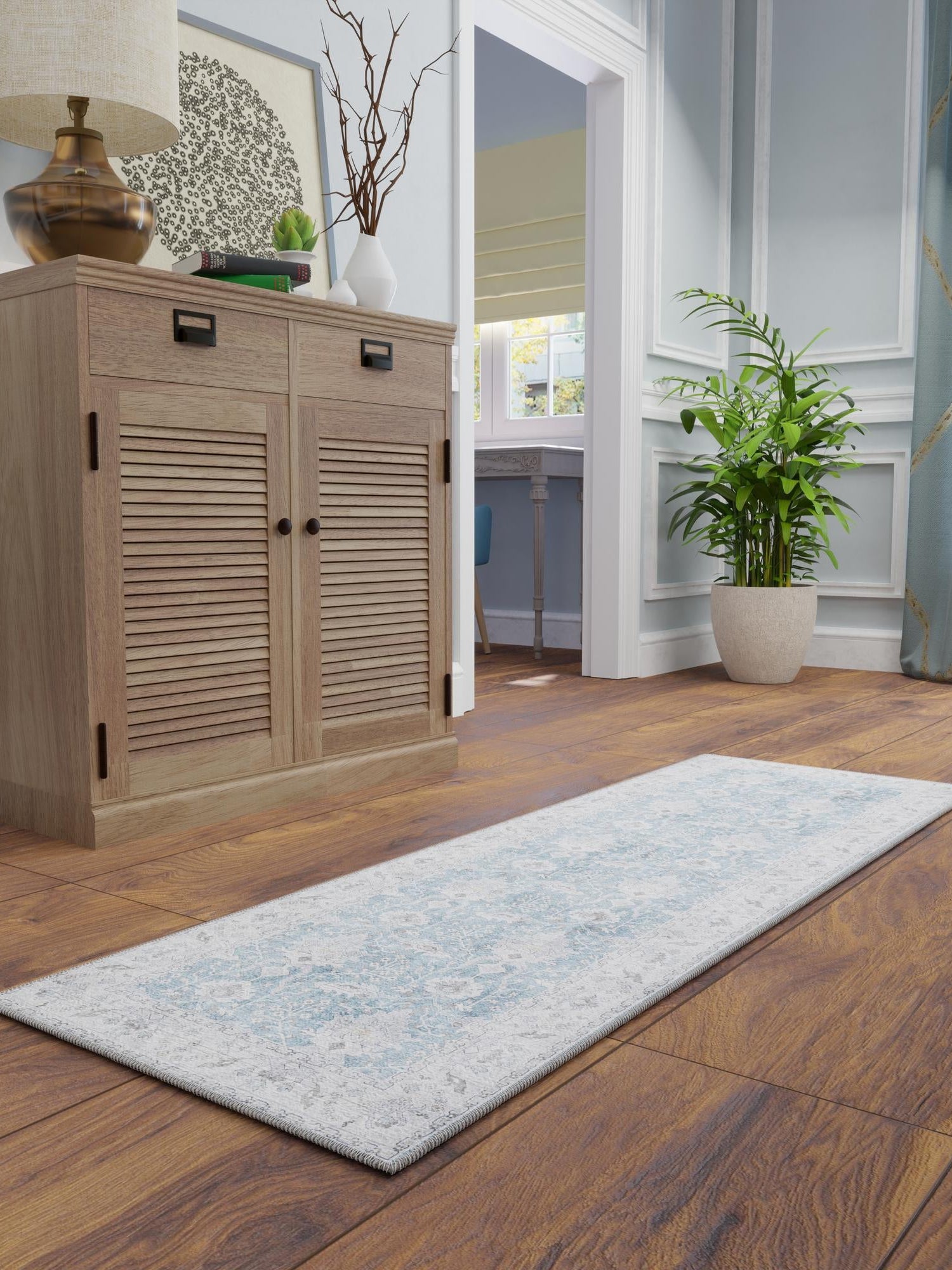 Washable Teal blue 2' 7 x 12' Timeless Runner Area Rug Easy to Clean Stain Resistant & Durable Traditional Classic Vintage Design Carpet for Sale at Rug Engine