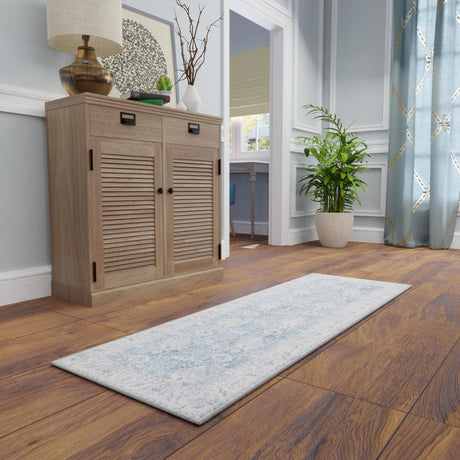 Washable Teal blue 2' 7 x 12' Timeless Runner Area Rug Easy to Clean Stain Resistant & Durable Traditional Classic Vintage Design Carpet for Sale at Rug Engine