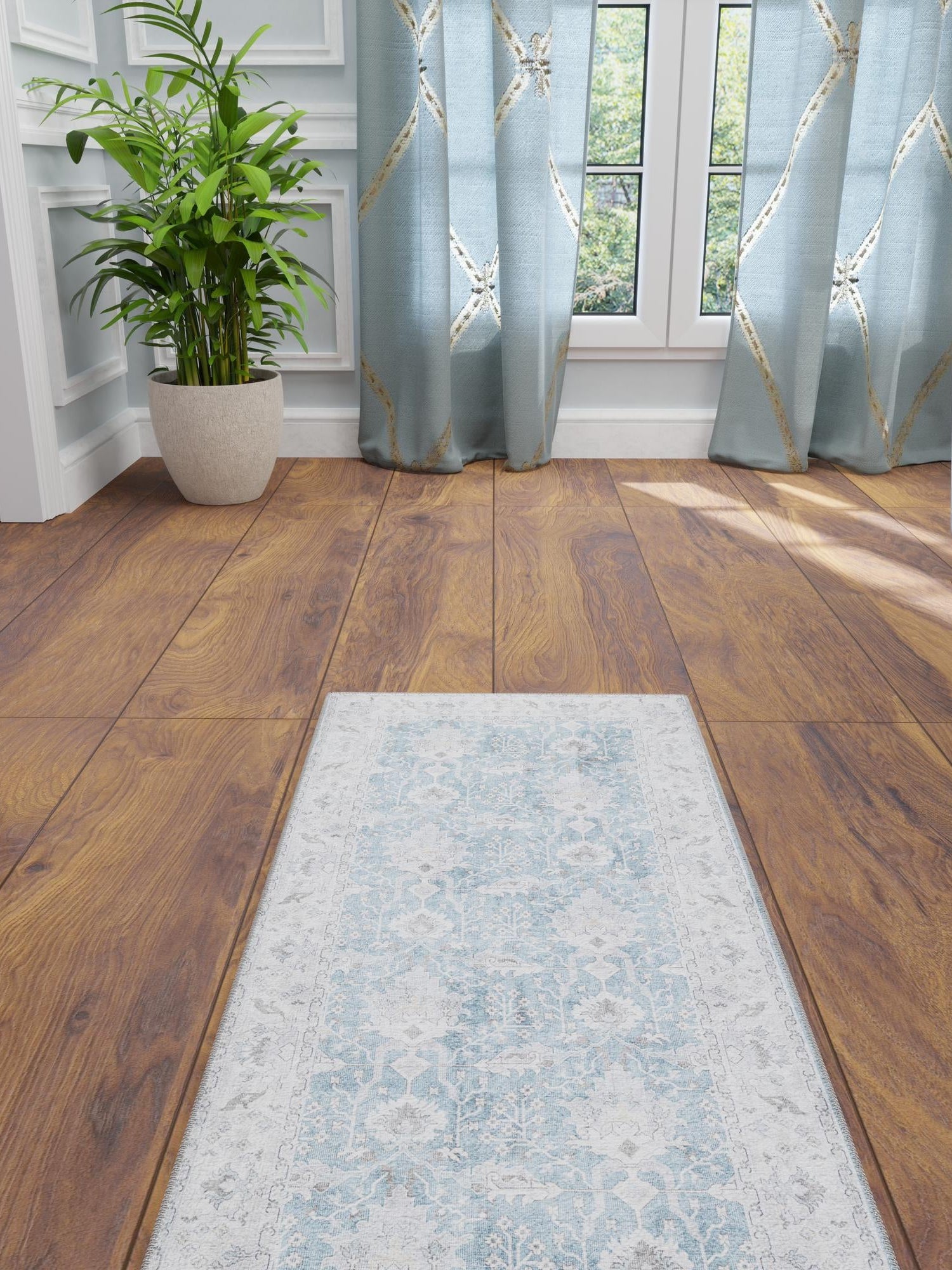 Washable Teal blue 2' 7 x 12' Timeless Runner Area Rug Easy to Clean Stain Resistant & Durable Traditional Classic Vintage Design Carpet for Sale at Rug Engine