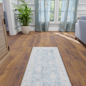 Washable Teal blue 2' 7 x 12' Timeless Runner Area Rug Easy to Clean Stain Resistant & Durable Traditional Classic Vintage Design Carpet for Sale at Rug Engine
