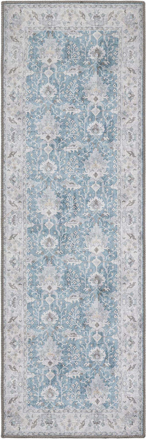Washable Teal blue 2' x 6' 1 Timeless Runner Area Rug Easy to Clean Stain Resistant & Durable Traditional Classic Vintage Design Carpet for Sale at Rug Engine