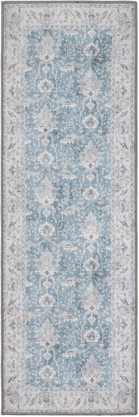 Washable Teal blue 2' x 6' 1 Timeless Runner Area Rug Easy to Clean Stain Resistant & Durable Traditional Classic Vintage Design Carpet for Sale at Rug Engine