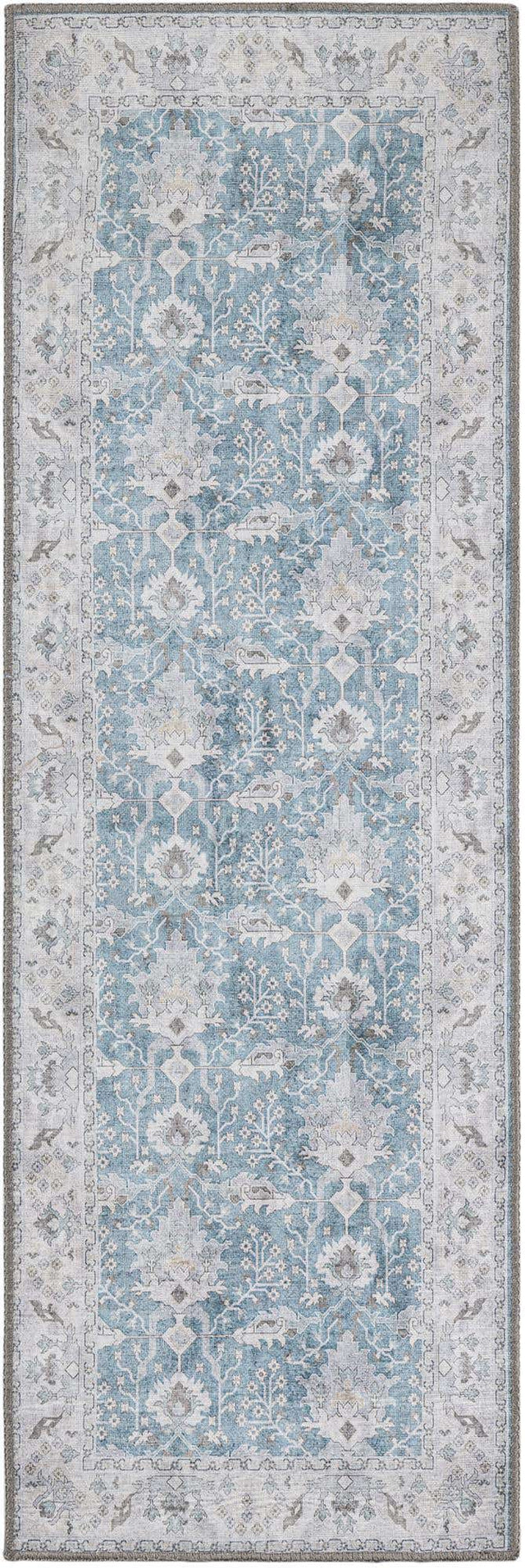 Washable Teal blue 2' x 6' 1 Timeless Runner Area Rug Easy to Clean Stain Resistant & Durable Traditional Classic Vintage Design Carpet for Sale at Rug Engine