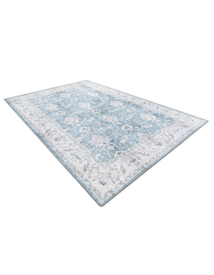 Washable Teal blue 6' 1 x 9' Timeless Rectangle Area Rug Easy to Clean Stain Resistant & Durable Traditional Classic Vintage Design Carpet for Sale at Rug Engine