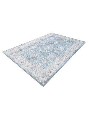 Washable Teal blue 6' 1 x 9' Timeless Rectangle Area Rug Easy to Clean Stain Resistant & Durable Traditional Classic Vintage Design Carpet for Sale at Rug Engine