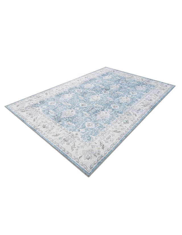 Washable Teal blue 6' 1 x 9' Timeless Rectangle Area Rug Easy to Clean Stain Resistant & Durable Traditional Classic Vintage Design Carpet for Sale at Rug Engine