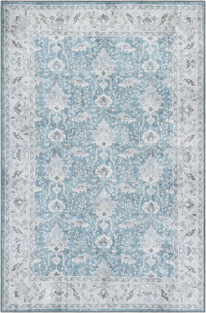 Washable Teal blue 6' 1 x 9' Timeless Rectangle Area Rug Easy to Clean Stain Resistant & Durable Traditional Classic Vintage Design Carpet for Sale at Rug Engine