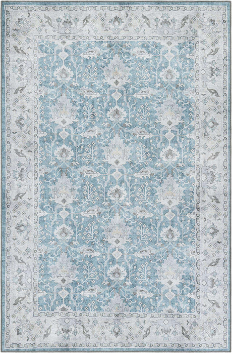 Washable Teal blue 6' 1 x 9' Timeless Rectangle Area Rug Easy to Clean Stain Resistant & Durable Traditional Classic Vintage Design Carpet for Sale at Rug Engine