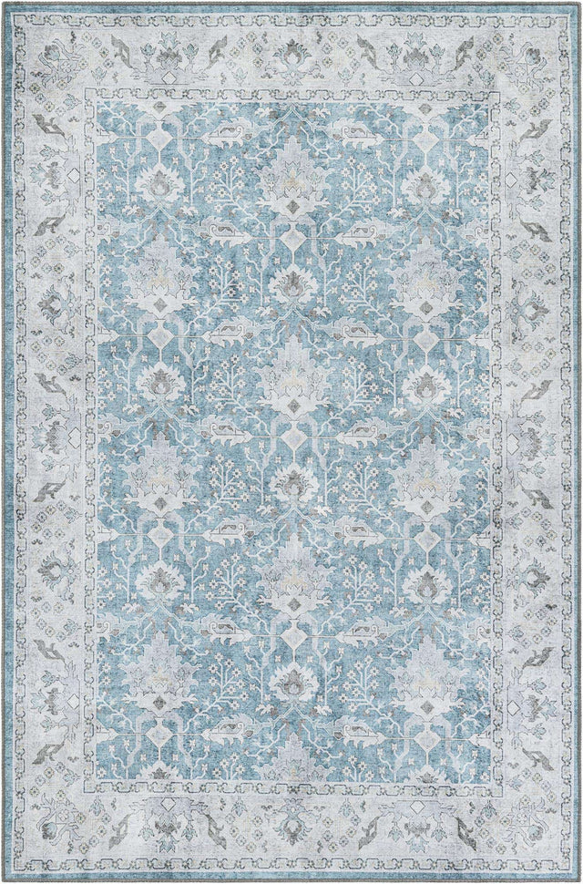 Washable Teal blue 6' 1 x 9' Timeless Rectangle Area Rug Easy to Clean Stain Resistant & Durable Traditional Classic Vintage Design Carpet for Sale at Rug Engine