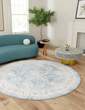 Washable Teal blue 3' 6 x 3' 6 Timeless Round Area Rug Easy to Clean Stain Resistant & Durable Traditional Classic Vintage Design Carpet for Sale at Rug Engine