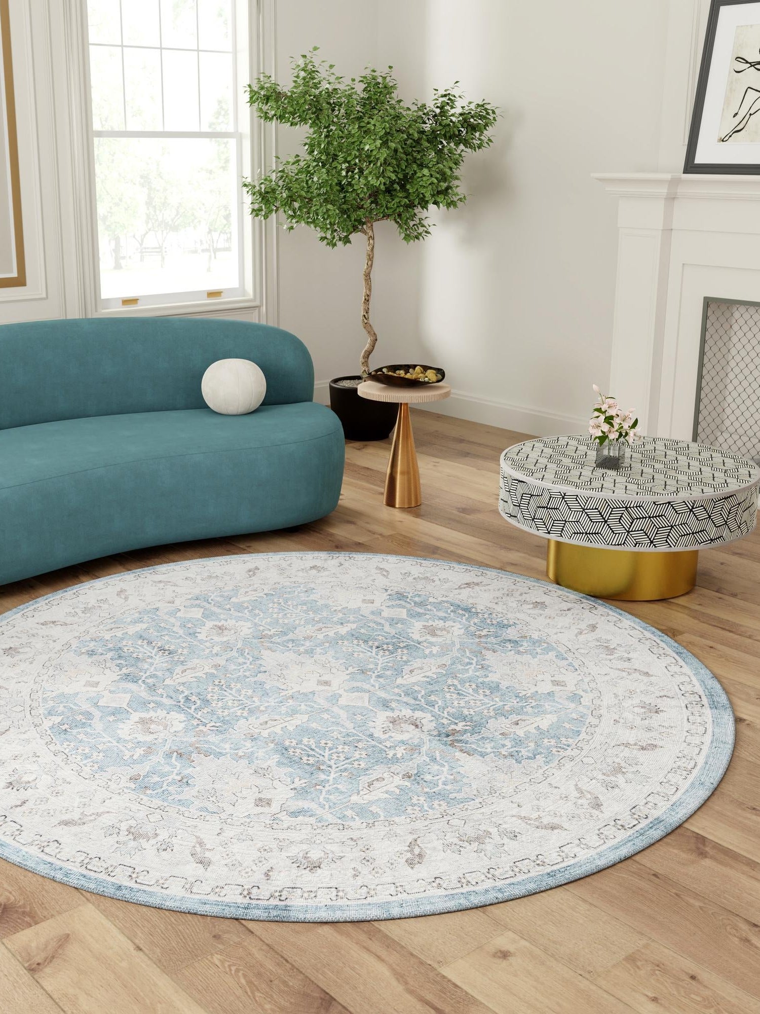 Washable Teal blue 7' 10 x 7' 10 Timeless Round Area Rug Easy to Clean Stain Resistant & Durable Traditional Classic Vintage Design Carpet for Sale at Rug Engine