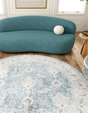 Washable Teal blue 3' 6 x 3' 6 Timeless Round Area Rug Easy to Clean Stain Resistant & Durable Traditional Classic Vintage Design Carpet for Sale at Rug Engine