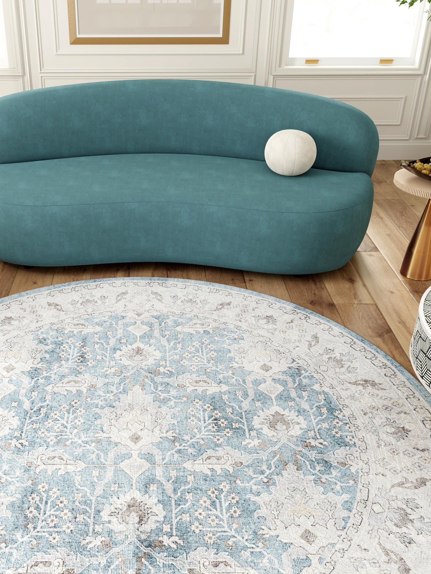 Washable Teal blue 7' 10 x 7' 10 Timeless Round Area Rug Easy to Clean Stain Resistant & Durable Traditional Classic Vintage Design Carpet for Sale at Rug Engine