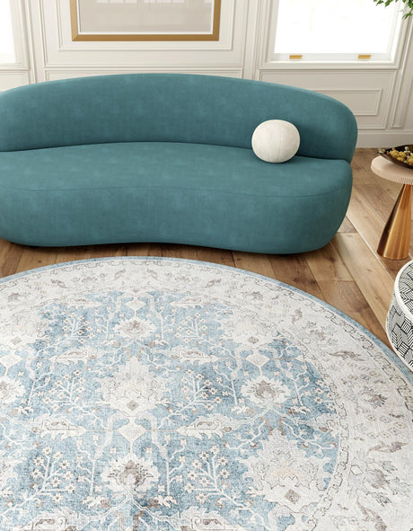 Washable Teal blue 7' 10 x 7' 10 Timeless Round Area Rug Easy to Clean Stain Resistant & Durable Traditional Classic Vintage Design Carpet for Sale at Rug Engine