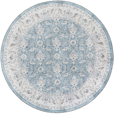 Washable Teal blue 7' 10 x 7' 10 Timeless Round Area Rug Easy to Clean Stain Resistant & Durable Traditional Classic Vintage Design Carpet for Sale at Rug Engine