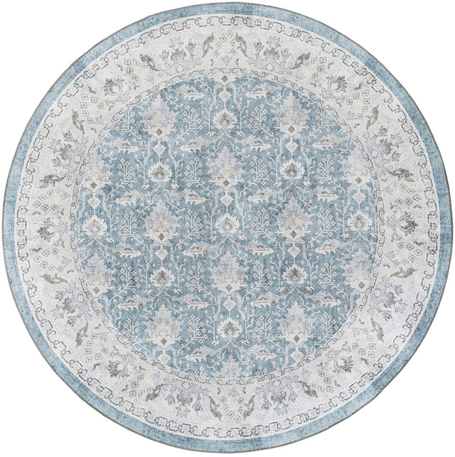 Washable Teal blue 7' 10 x 7' 10 Timeless Round Area Rug Easy to Clean Stain Resistant & Durable Traditional Classic Vintage Design Carpet for Sale at Rug Engine