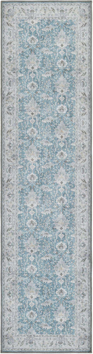 Washable Teal blue 2' x 8' Timeless Runner Area Rug Easy to Clean Stain Resistant & Durable Traditional Classic Vintage Design Carpet for Sale at Rug Engine