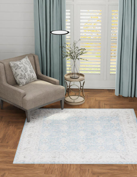 Washable Teal blue 7' 10 x 7' 10 Timeless Square Area Rug Easy to Clean Stain Resistant & Durable Traditional Classic Vintage Design Carpet for Sale at Rug Engine