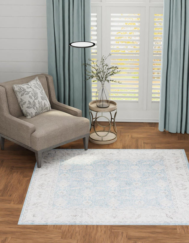 Washable Teal blue 7' 10 x 7' 10 Timeless Square Area Rug Easy to Clean Stain Resistant & Durable Traditional Classic Vintage Design Carpet for Sale at Rug Engine