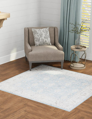 Washable Teal blue 7' 10 x 7' 10 Timeless Square Area Rug Easy to Clean Stain Resistant & Durable Traditional Classic Vintage Design Carpet for Sale at Rug Engine