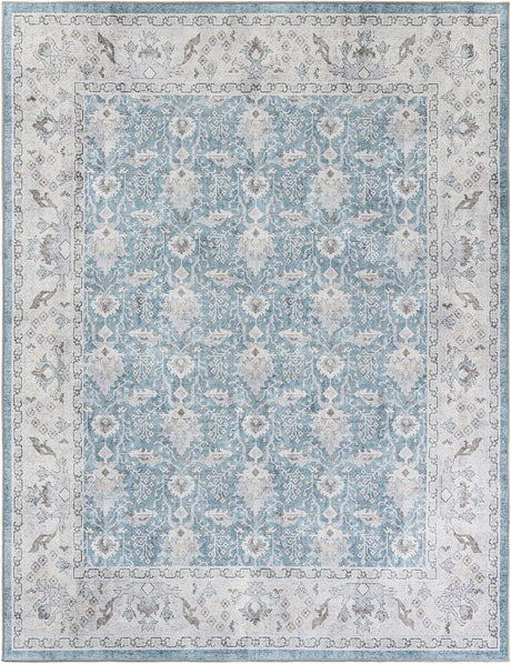 Washable Teal blue 7' 10 x 10' Timeless Rectangle Area Rug Easy to Clean Stain Resistant & Durable Traditional Classic Vintage Design Carpet for Sale at Rug Engine