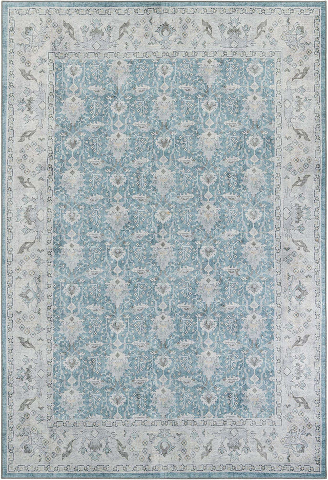 Washable Teal blue 8' 4 x 12' Timeless Rectangle Area Rug Easy to Clean Stain Resistant & Durable Traditional Classic Vintage Design Carpet for Sale at Rug Engine