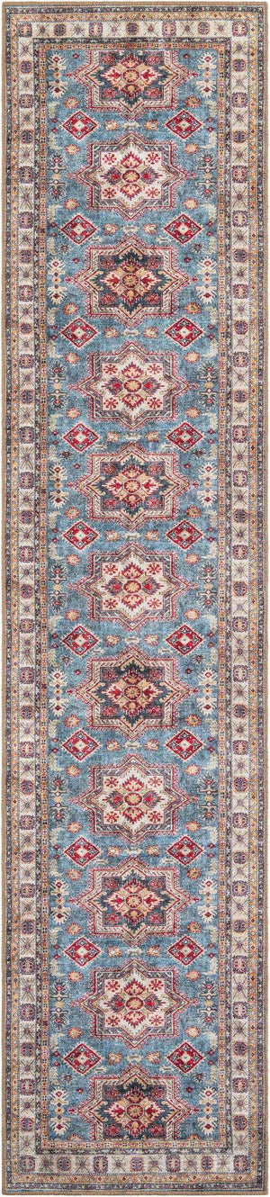 Washable Light Blue 2' 7 x 12' Timeless Runner Area Rug Easy to Clean Stain Resistant & Durable Traditional Classic Vintage Design Carpet for Sale at Rug Engine