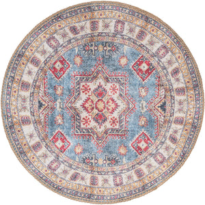 Washable Light Blue 2' x 2' Timeless Round Area Rug Easy to Clean Stain Resistant & Durable Traditional Classic Vintage Design Carpet for Sale at Rug Engine
