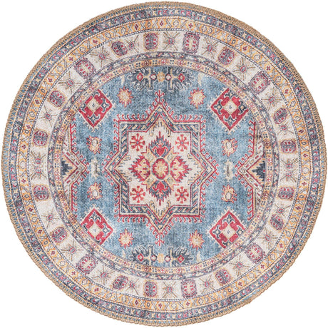 Washable Light Blue 2' x 2' Timeless Round Area Rug Easy to Clean Stain Resistant & Durable Traditional Classic Vintage Design Carpet for Sale at Rug Engine